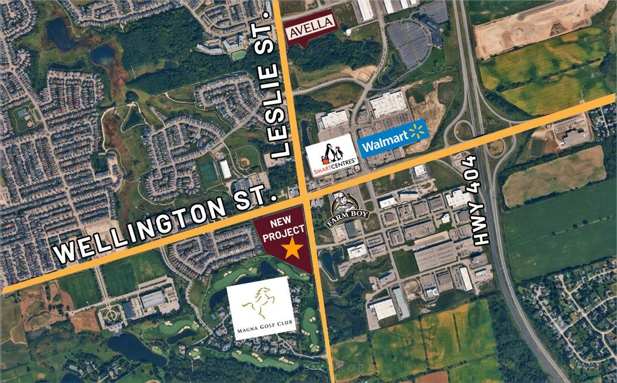Aerial location map showing the Montara site at Leslie Street and Wellington Street East, with Magna Golf Club, SmartCentres, Walmart, Farm Boy and Highway 404